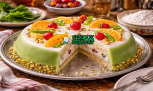 Irisan cassata siciliana Italia autentik dengan lapisan marzipan hijau cerah, filling ricotta creamy berisi cokelat dan buah manis, hiasan buah kristal di piring putih yang memukau