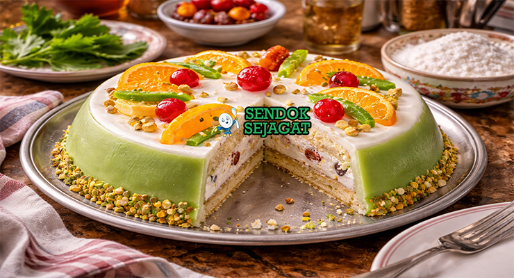 Irisan cassata siciliana Italia autentik dengan lapisan marzipan hijau cerah, filling ricotta creamy berisi cokelat dan buah manis, hiasan buah kristal di piring putih yang memukau