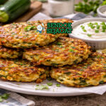 Tumpukan cheesy zucchini fritters Australia autentik dengan permukaan kriuk keemasan, keju cheddar meleleh di dalam, disajikan hangat di piring putih bersama yogurt segar yang menggugah selera