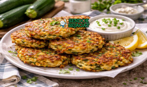 Tumpukan cheesy zucchini fritters Australia autentik dengan permukaan kriuk keemasan, keju cheddar meleleh di dalam, disajikan hangat di piring putih bersama yogurt segar yang menggugah selera