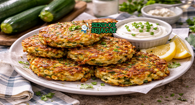 Tumpukan cheesy zucchini fritters Australia autentik dengan permukaan kriuk keemasan, keju cheddar meleleh di dalam, disajikan hangat di piring putih bersama yogurt segar yang menggugah selera