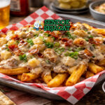 Chowder fries khas Amerika dengan kentang goreng renyah disiram kuah sup krim kerang kental, taburan bacon dan peterseli, disajikan hangat