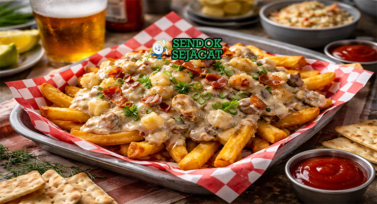 Chowder fries khas Amerika dengan kentang goreng renyah disiram kuah sup krim kerang kental, taburan bacon dan peterseli, disajikan hangat