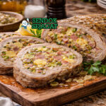 Irisan cima alla genovese Genoa autentik dengan daging sapi empuk berwarna cerah, isian hijau bayam dan kacang polong, potongan telur serta keju parmesan di piring putih yang menggugah selera