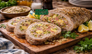 Irisan cima alla genovese Genoa autentik dengan daging sapi empuk berwarna cerah, isian hijau bayam dan kacang polong, potongan telur serta keju parmesan di piring putih yang menggugah selera