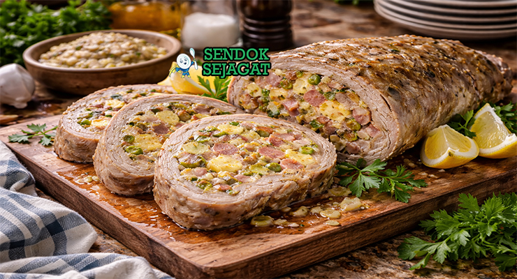 Irisan cima alla genovese Genoa autentik dengan daging sapi empuk berwarna cerah, isian hijau bayam dan kacang polong, potongan telur serta keju parmesan di piring putih yang menggugah selera