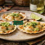 Coquilles St Jacques with Native Lime khas Australia dengan kerang panggang dalam cangkang, saus creamy, native lime pearls, dan taburan peterseli disajikan di piring putih