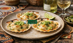 Coquilles St Jacques with Native Lime khas Australia dengan kerang panggang dalam cangkang, saus creamy, native lime pearls, dan taburan peterseli disajikan di piring putih