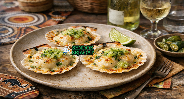 Coquilles St Jacques with Native Lime khas Australia dengan kerang panggang dalam cangkang, saus creamy, native lime pearls, dan taburan peterseli disajikan di piring putih