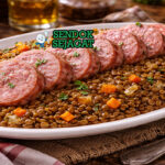 Hidangan cotechino con lenticchie Italia autentik dengan irisan sosis babi gurih empuk, lentil hijau lembut beraroma rosemary dan rempah di piring putih yang menggugah selera