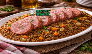 Hidangan cotechino con lenticchie Italia autentik dengan irisan sosis babi gurih empuk, lentil hijau lembut beraroma rosemary dan rempah di piring putih yang menggugah selera