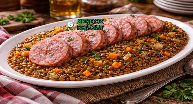 Hidangan cotechino con lenticchie Italia autentik dengan irisan sosis babi gurih empuk, lentil hijau lembut beraroma rosemary dan rempah di piring putih yang menggugah selera