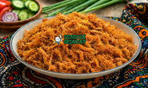 Dambu Nama khas Nigeria berupa serpihan daging sapi kering berwarna cokelat keemasan dengan tekstur halus dan berserat, terlihat gurih dan berbumbu kuat dalam mangkuk tradisional