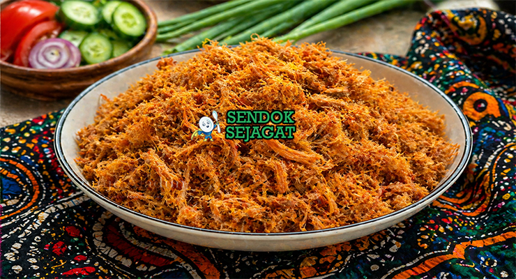 Dambu Nama khas Nigeria berupa serpihan daging sapi kering berwarna cokelat keemasan dengan tekstur halus dan berserat, terlihat gurih dan berbumbu kuat dalam mangkuk tradisional