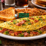 Denver Omelette khas Amerika dengan telur fluffy berisi ham, paprika hijau, bawang, dan keju cheddar meleleh, disajikan hangat di piring