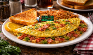 Denver Omelette khas Amerika dengan telur fluffy berisi ham, paprika hijau, bawang, dan keju cheddar meleleh, disajikan hangat di piring