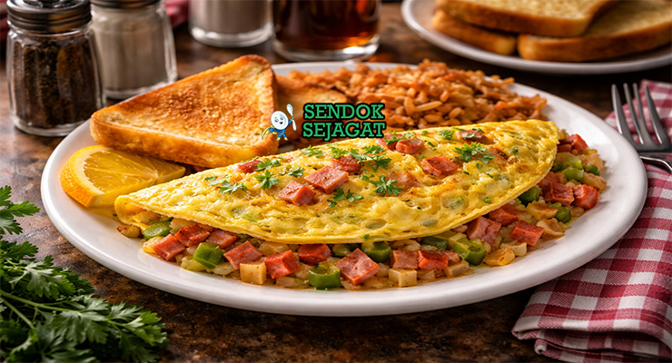 Denver Omelette khas Amerika dengan telur fluffy berisi ham, paprika hijau, bawang, dan keju cheddar meleleh, disajikan hangat di piring