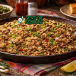 Dirty rice khas Louisiana dengan nasi berwarna kecokelatan berisi daging cincang, hati ayam, paprika, dan bawang, disajikan hangat di mangkuk