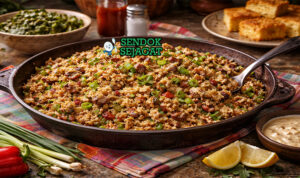 Dirty rice khas Louisiana dengan nasi berwarna kecokelatan berisi daging cincang, hati ayam, paprika, dan bawang, disajikan hangat di mangkuk