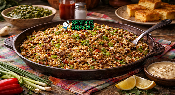 Dirty rice khas Louisiana dengan nasi berwarna kecokelatan berisi daging cincang, hati ayam, paprika, dan bawang, disajikan hangat di mangkuk