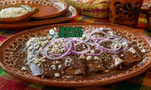 Enmoladas khas Meksiko berupa tortilla jagung berisi ayam suwir yang dilapisi saus mole cokelat gelap kental, dihiasi keju putih dan irisan bawang, tampak lembut dan menggoda