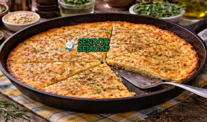 Potongan farinata khas Genoa dengan pinggir renyah keemasan, permukaan berkilau minyak zaitun, dan taburan lada hitam, disajikan di piring kayu