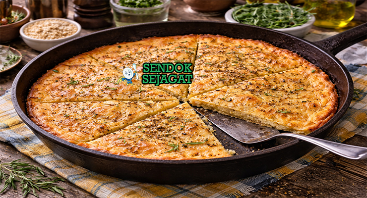 Potongan farinata khas Genoa dengan pinggir renyah keemasan, permukaan berkilau minyak zaitun, dan taburan lada hitam, disajikan di piring kayu