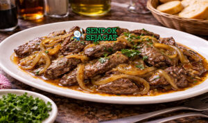 Fegato alla Veneziana disajikan hangat di piring putih dengan irisan hati sapi muda lembut, bawang bombai creamy, taburan peterseli, dan polenta panggang di sampingnya