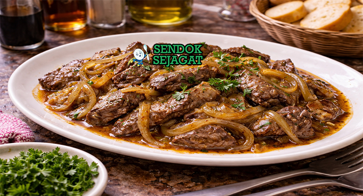 Fegato alla Veneziana disajikan hangat di piring putih dengan irisan hati sapi muda lembut, bawang bombai creamy, taburan peterseli, dan polenta panggang di sampingnya