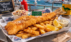 Flathead tail fish & chips khas Australia dengan fillet ikan goreng renyah, kentang tebal kriuk, lemon wedges, dan saus tartar disajikan di kertas koran