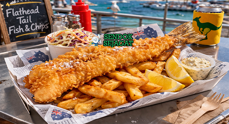 Flathead tail fish & chips khas Australia dengan fillet ikan goreng renyah, kentang tebal kriuk, lemon wedges, dan saus tartar disajikan di kertas koran
