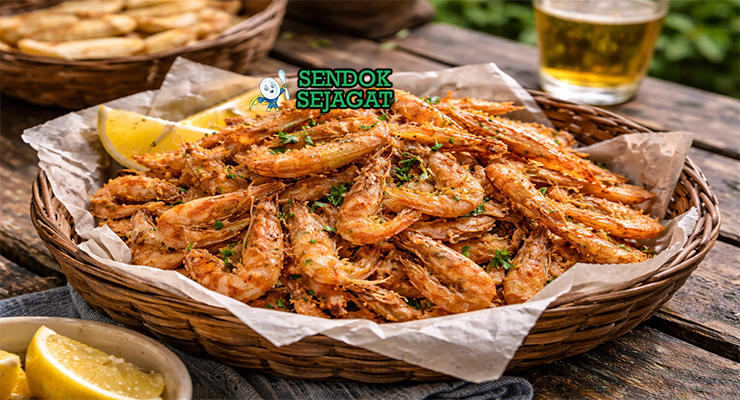 Fried school prawns khas Australia dengan udang kecil goreng renyah keemasan, ditaburi garam laut dan disajikan dengan lemon wedges di piring putih