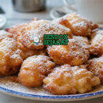 Bola-bola frittelle berwarna keemasan dengan taburan gula halus, tekstur renyah luar dan lembut di dalam