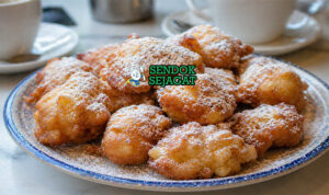 Bola-bola frittelle berwarna keemasan dengan taburan gula halus, tekstur renyah luar dan lembut di dalam