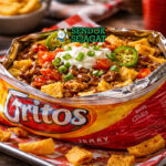 Frito Pie khas Amerika Serikat dengan keripik jagung Fritos disiram chili daging, keju cheddar meleleh, dan bawang cincang, disajikan hangat di mangkuk