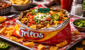 Frito Pie Siap Sajian dengan Keju Meleleh Menggoda Frito Pie khas Amerika Serikat dengan keripik jagung Fritos disiram chili daging, keju cheddar meleleh, dan bawang cincang, disajikan hangat di mangkuk