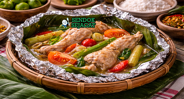 Hidangan garang asem ayam Jawa Tengah autentik dengan potongan ayam empuk, kuah santan bening asam segar, irisan belimbing wuluh dan cabe rawit di mangkuk tanah liat yang menggugah selera