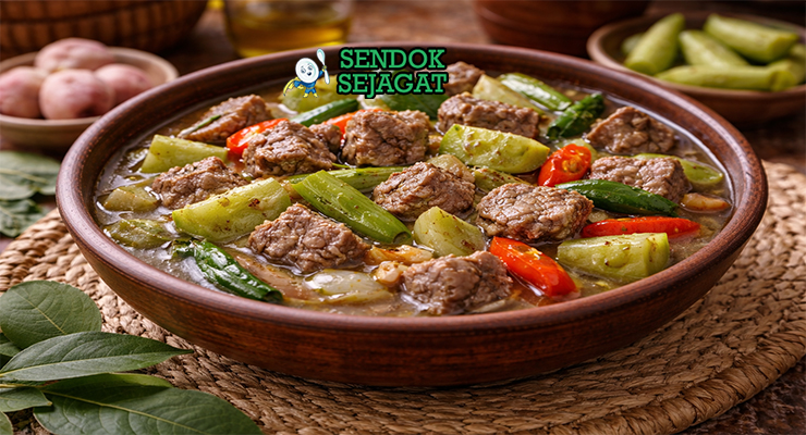 Hidangan garang asem daging sapi Jawa Tengah autentik dengan potongan daging empuk juicy, kuah santan bening asam segar, irisan belimbing wuluh dan cabe rawit di mangkuk tanah liat yang menggugah selera