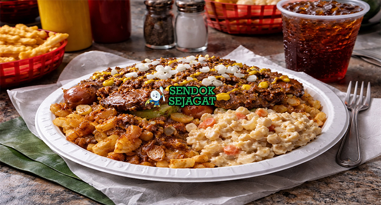 Garbage Plate khas Rochester dengan macaroni salad, home fries, daging cincang, dan meat sauce disiram di atas Fritos, ditaburi bawang dan mustard