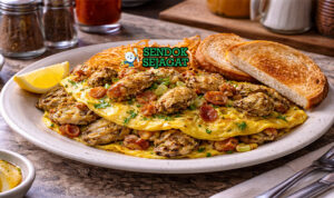 Hangtown Fry Siap Sajian dengan Omelette Menggoda Hangtown Fry khas California dengan omelette tebal berisi oyster juicy, bacon renyah, dan bawang, disajikan hangat di piring