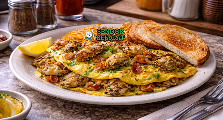 Hangtown Fry khas California dengan omelette tebal berisi oyster juicy, bacon renyah, dan bawang, disajikan hangat di piring