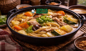 Houtou fudou khas Jepang dengan mi tebal, labu kabocha, wortel, jamur, dan kuah miso kental disajikan panas di mangkuk