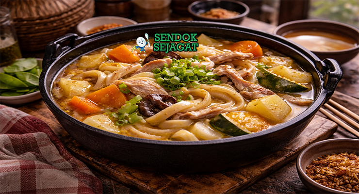 Houtou fudou khas Jepang dengan mi tebal, labu kabocha, wortel, jamur, dan kuah miso kental disajikan panas di mangkuk