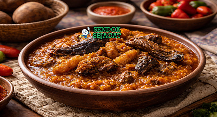 Ikokore khas Nigeria dengan porridge ubi kental berwarna oranye dari palm oil, potongan ikan asap, ponmo, dan daun efirin disajikan di mangkuk