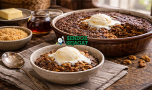 Indian pudding khas New England dengan tekstur creamy kuning keemasan, lapisan atas karamel, disajikan hangat di mangkuk dengan es krim vanila