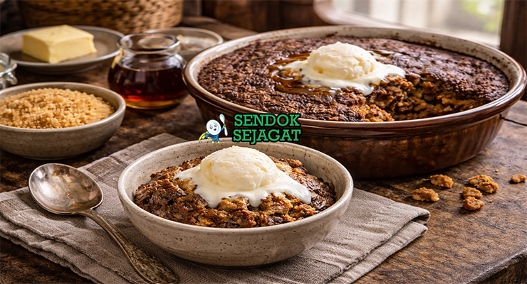 Indian pudding khas New England dengan tekstur creamy kuning keemasan, lapisan atas karamel, disajikan hangat di mangkuk dengan es krim vanila