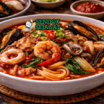 Jjambbong khas Korea dengan mie tebal dalam kuah pedas merah, cumi, udang, kerang, wortel, dan kubis disajikan di mangkuk besar