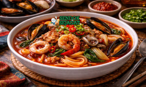 Jjambbong khas Korea dengan mie tebal dalam kuah pedas merah, cumi, udang, kerang, wortel, dan kubis disajikan di mangkuk besar