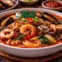 Jjambbong khas Korea dengan mie tebal dalam kuah pedas merah, cumi, udang, kerang, wortel, dan kubis disajikan di mangkuk besar