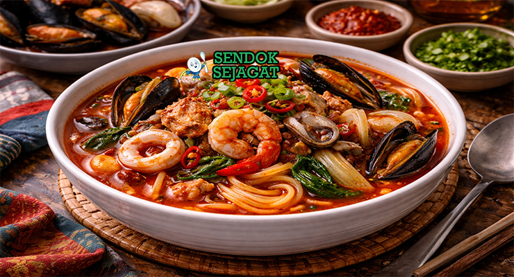 Jjambbong khas Korea dengan mie tebal dalam kuah pedas merah, cumi, udang, kerang, wortel, dan kubis disajikan di mangkuk besar